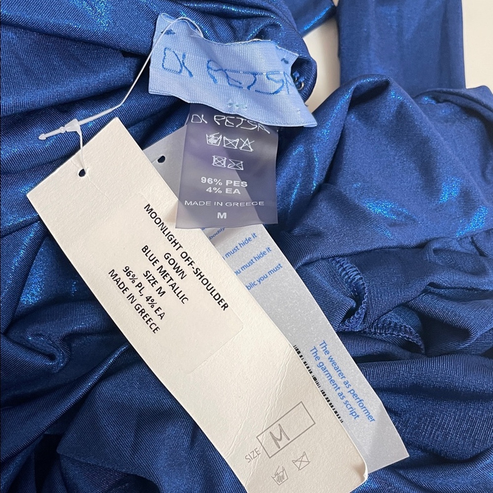 Di Petsa Moonlight Off The Shoulder Ruched Cutout Metallic Blue Maxi Dress Sz M — image 8 of 8